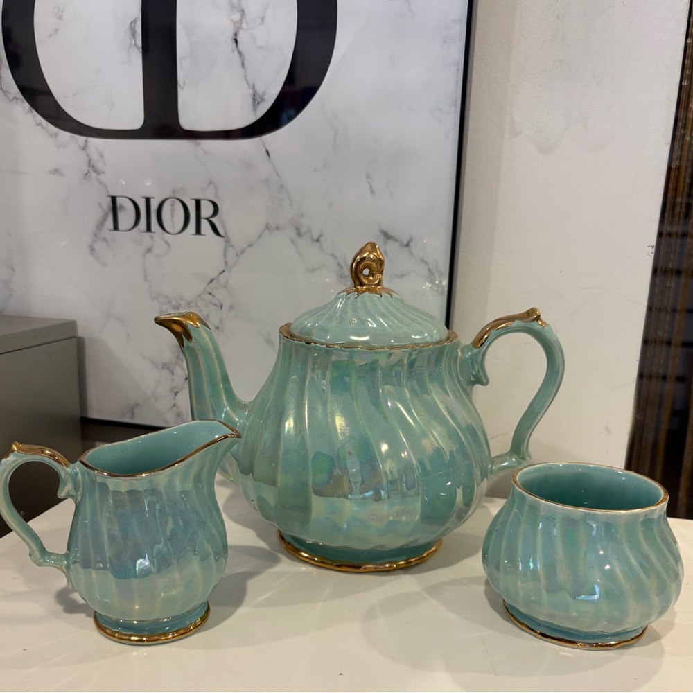 SADLER England Turquoise Green Porcelain Tea Set with Gold Trim